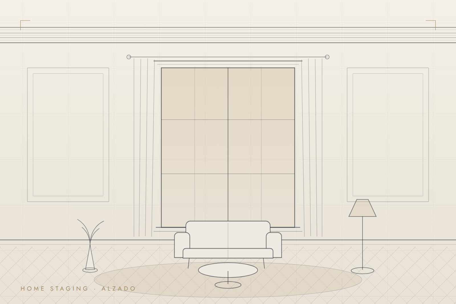 Ilustración: alzado interior de un salón preparado con home staging